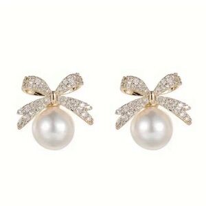 New! J.Crew Rhinestone Bow Pearl Post Earrings (1055) NWOT